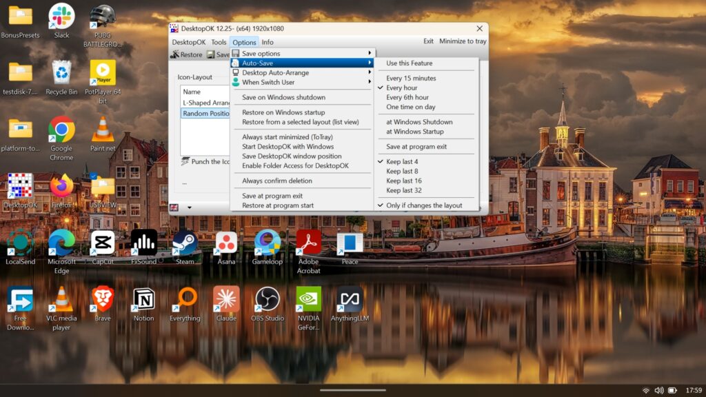 DesktopOK Options menu expanded to show Auto Save frequency and Windows startup settings