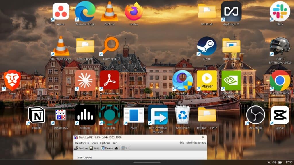 DesktopOK main window open on a Windows desktop filled with randomly arranged application icons