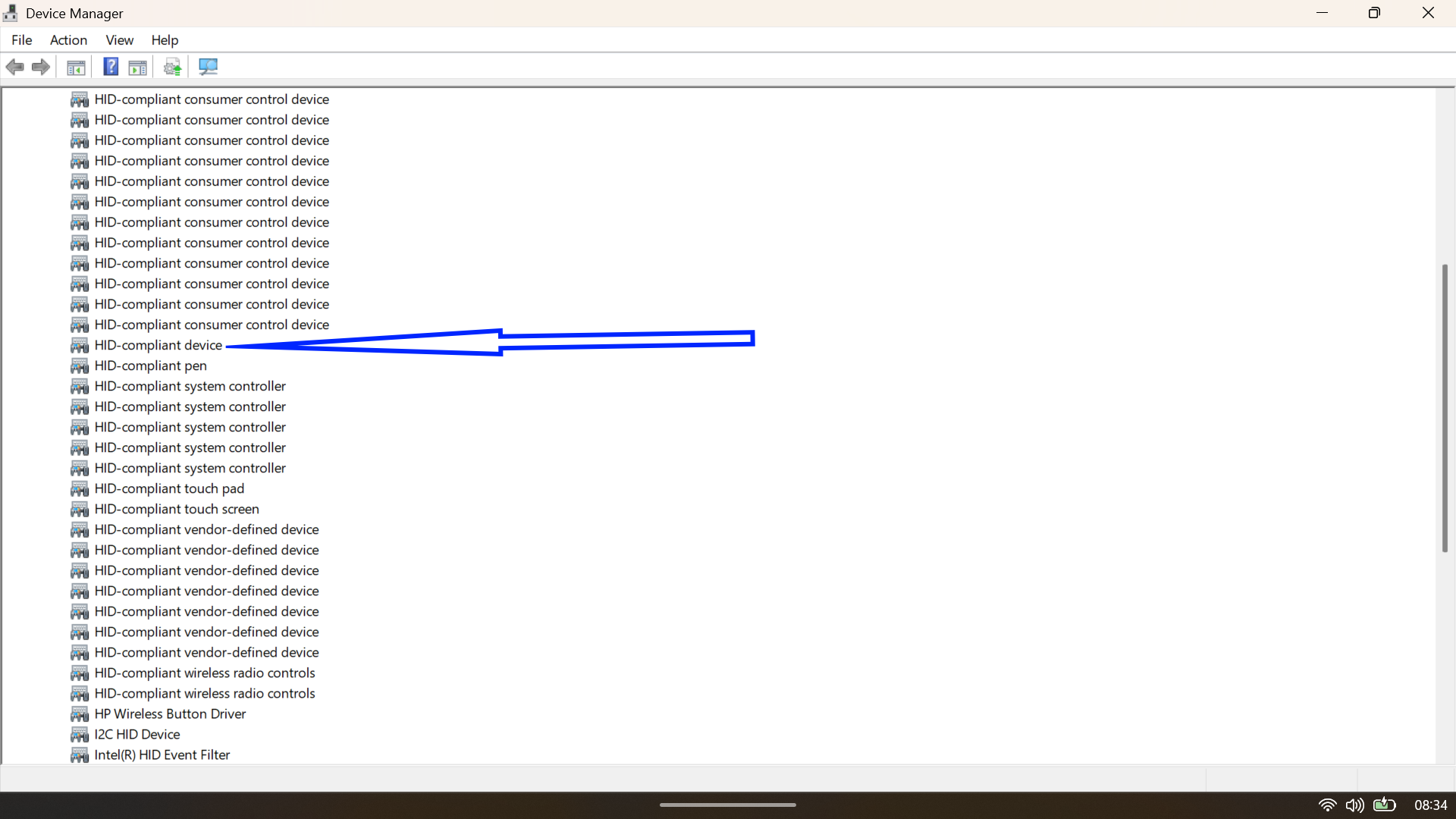 Device Manager list expanded to show HID-compliant touch screen entry under Human Interface Devices.