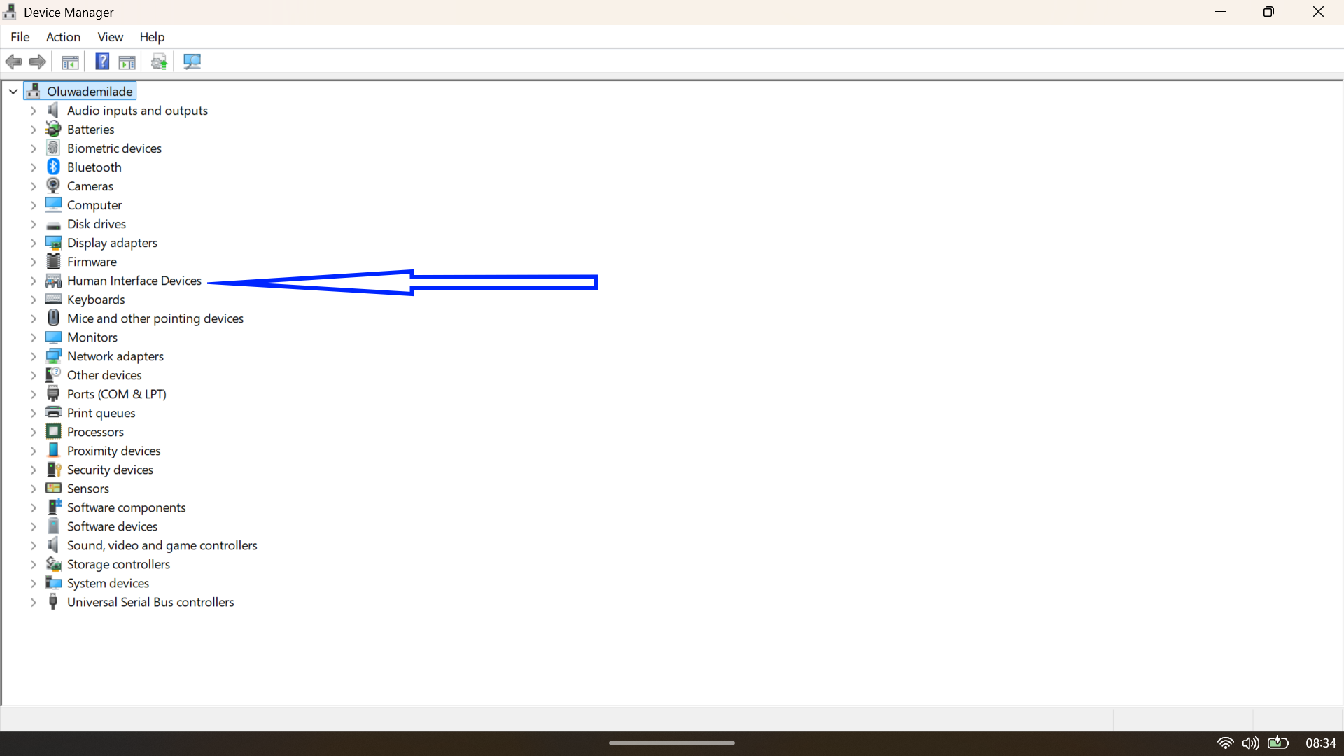 Device Manager main window displaying a collapsed list of hardware categories.