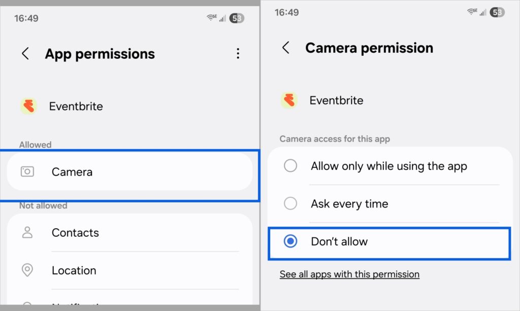 Disable camera Access for Apps on Android