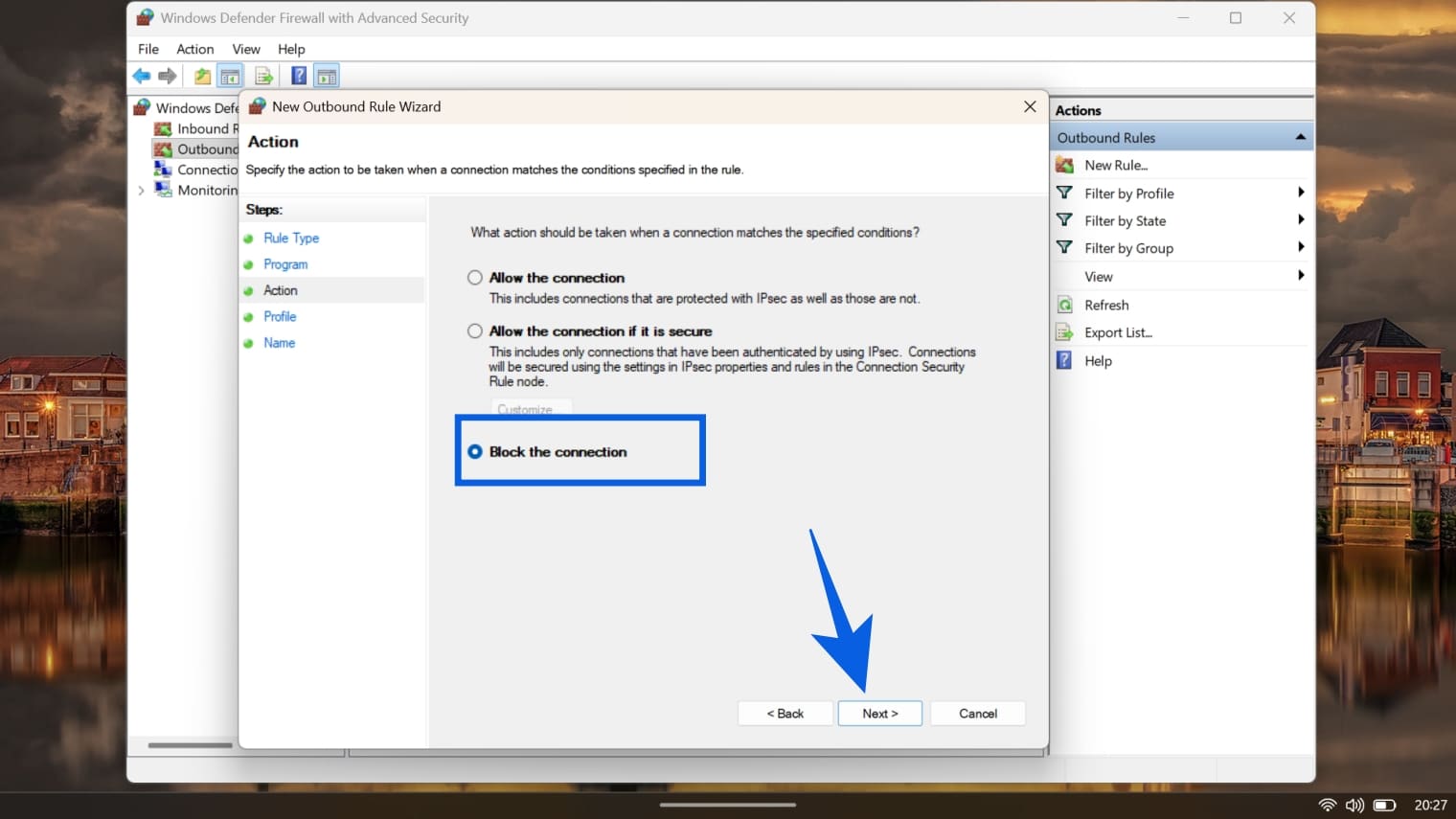 Firewall Rule Wizard action step selecting Block the connection