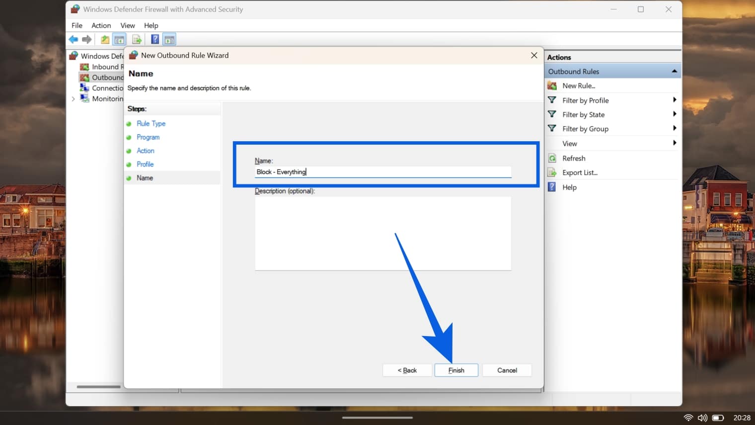 Firewall Rule Wizard final step naming the new rule