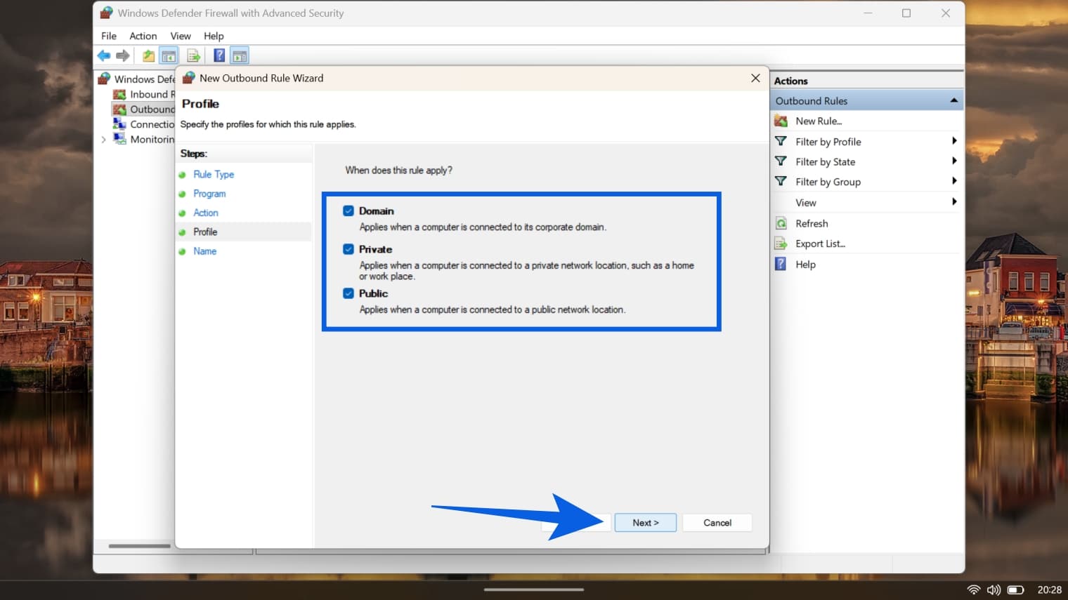 Firewall Rule Wizard profile selection for Domain, Private, and Public networks