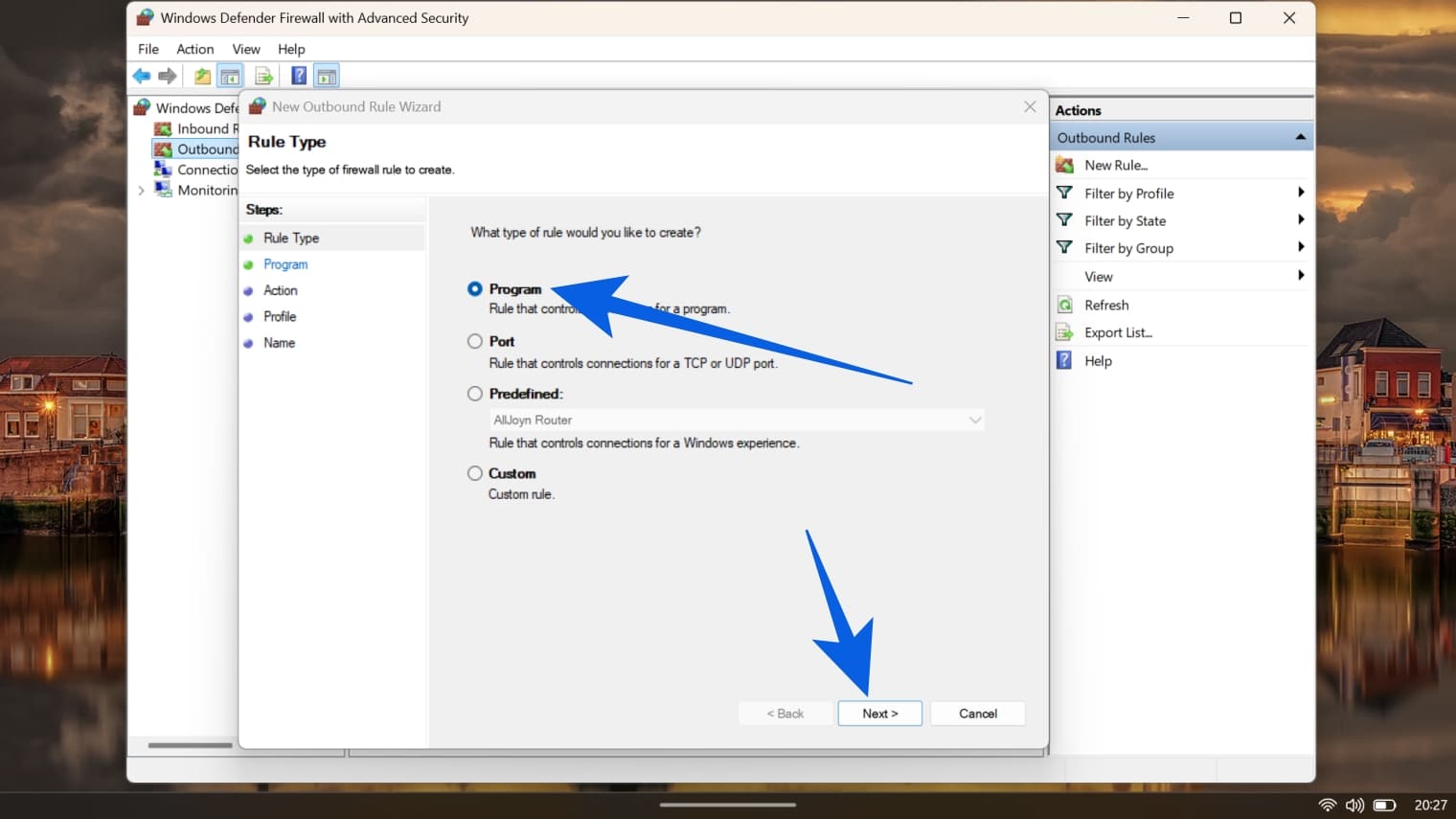 Firewall Rule Wizard selecting Program as the rule type