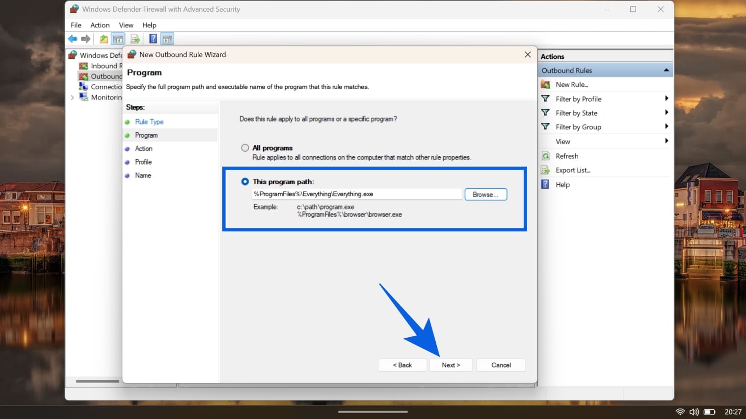 Firewall Rule Wizard specifying the program path for the Everything executable