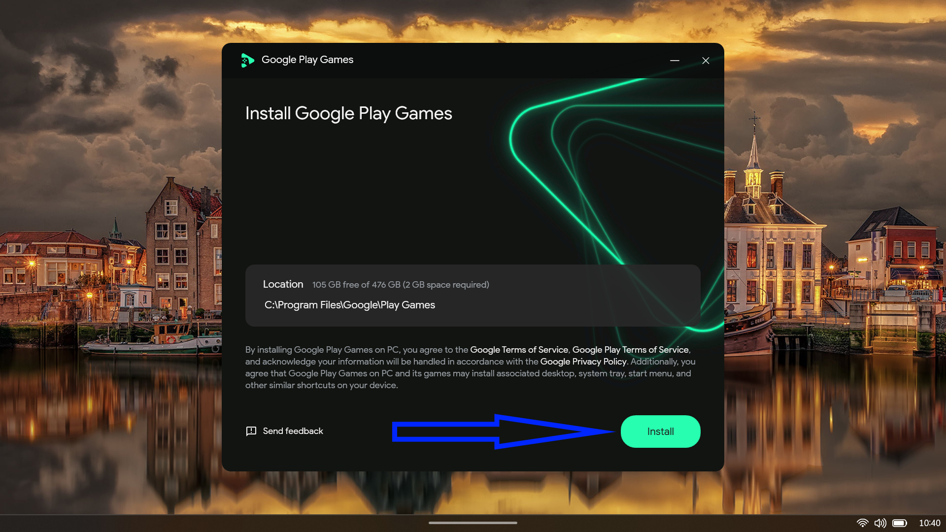 Google Play Games installer displaying the installation path and disk space requirements.