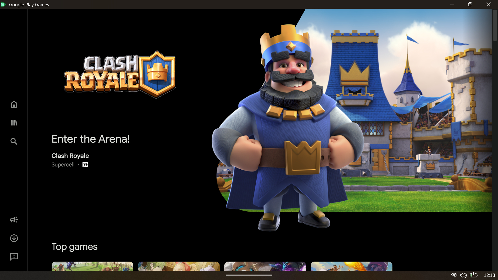 Google Play Games store page for Clash Royale displaying game art and an Enter the Arena! tagline.