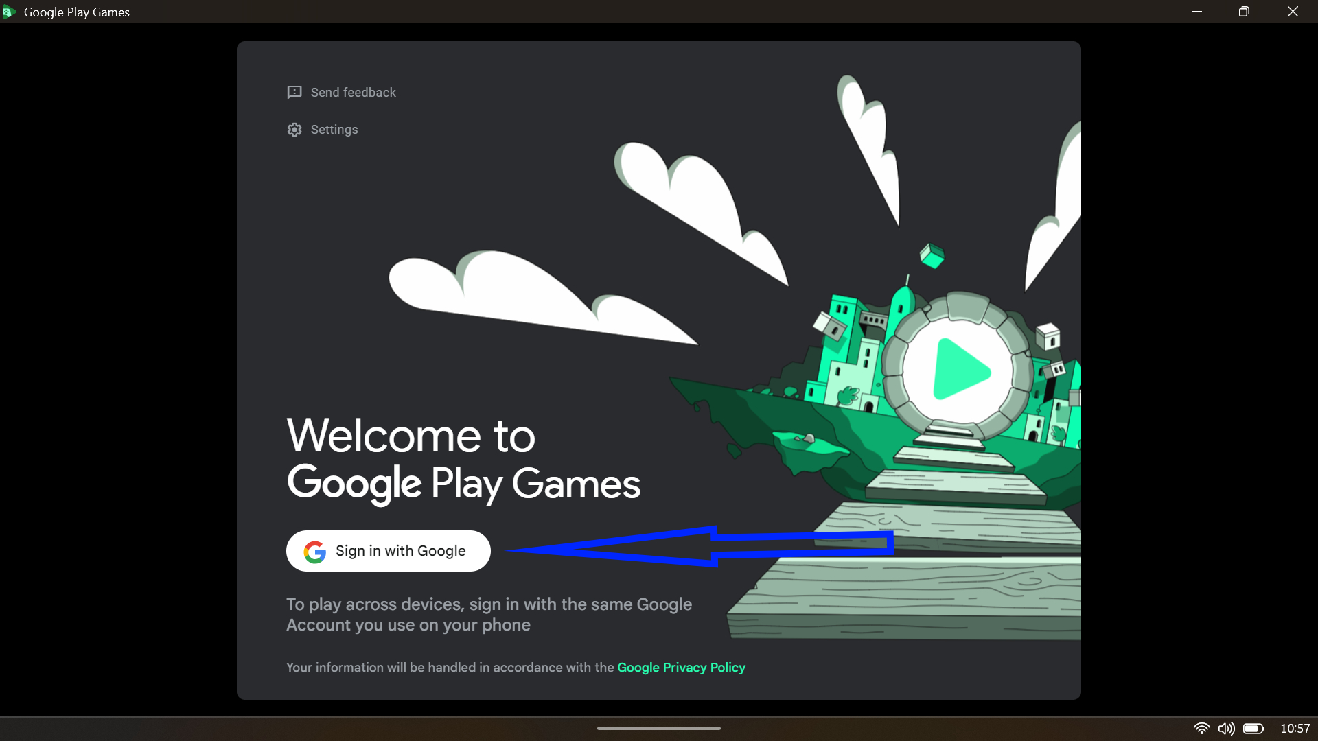 Google Play Games installer displaying the installation path and disk space requirements.