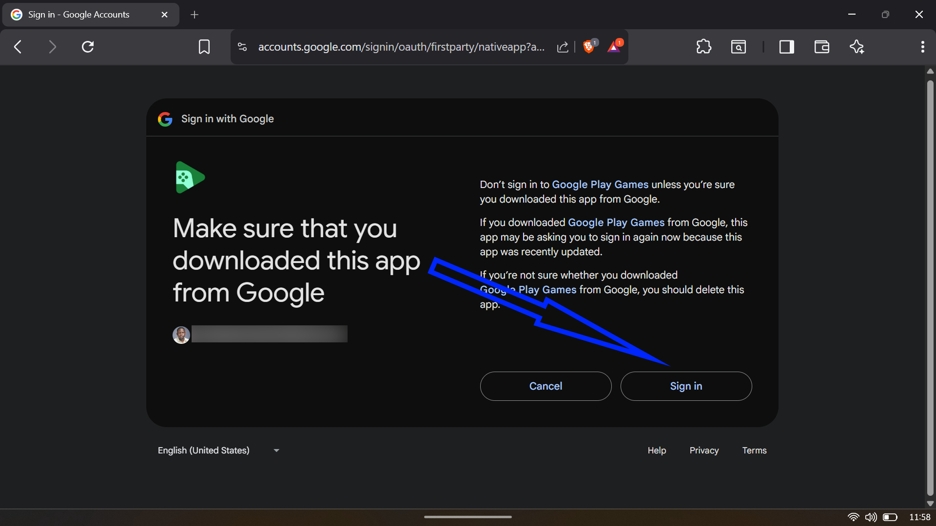 Google Play Games installer displaying the installation path and disk space requirements.