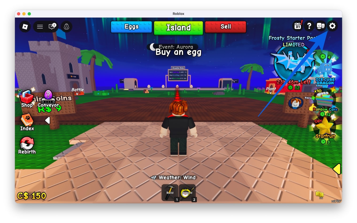 Launch Roblox, start My Dragon Island, and click the Settings icon
