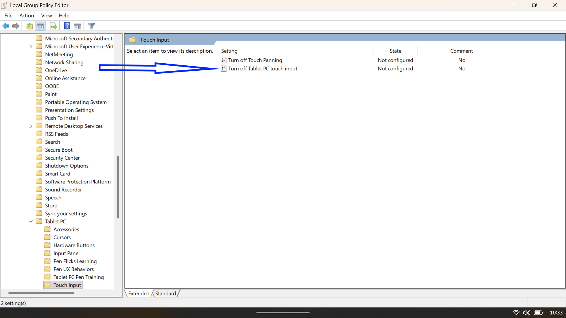 Local Group Policy Editor list view highlighting the Turn off Tablet PC touch input setting.