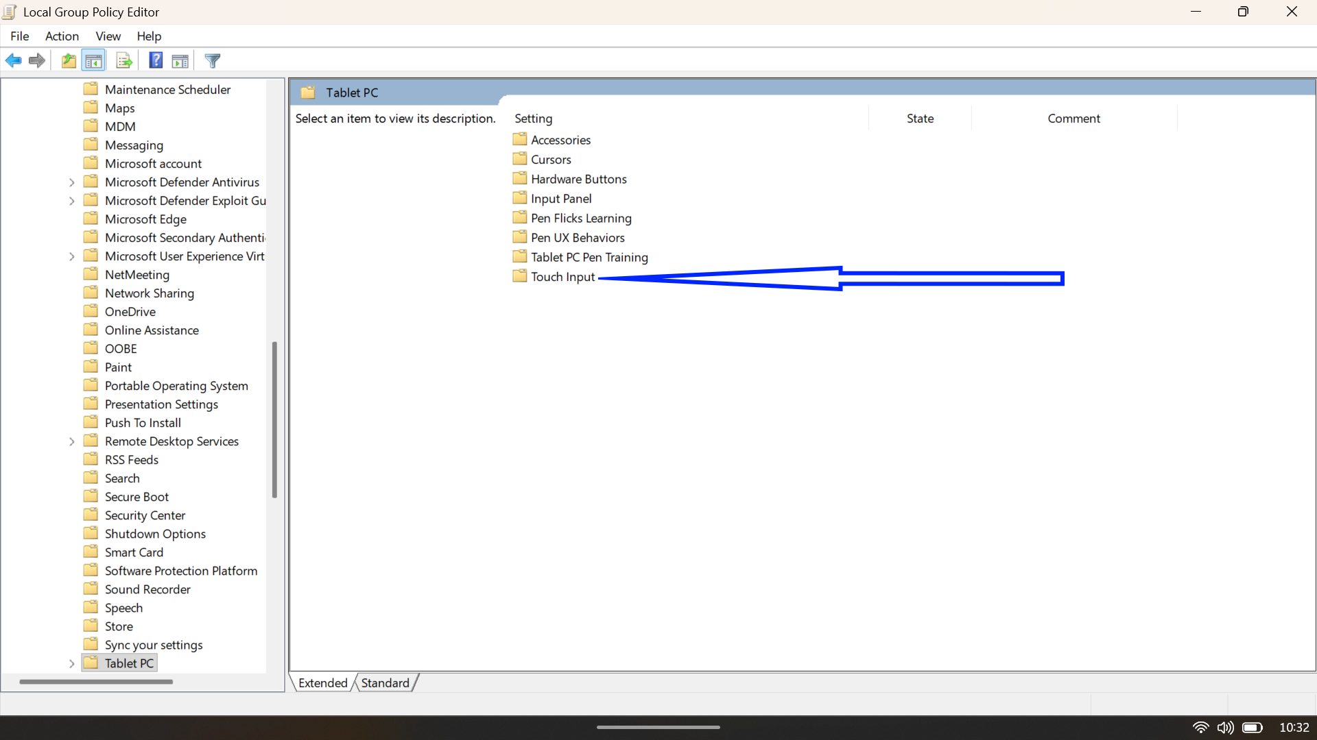 Local Group Policy Editor showing the Touch Input folder selected inside the Tablet PC directory.
