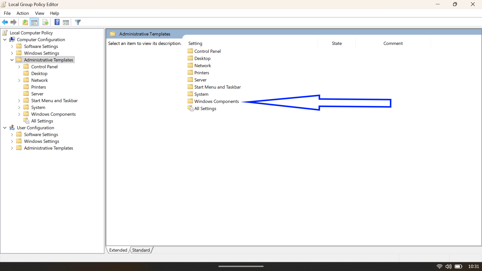 Local Group Policy Editor showing the Windows Components folder selected within Administrative Templates.