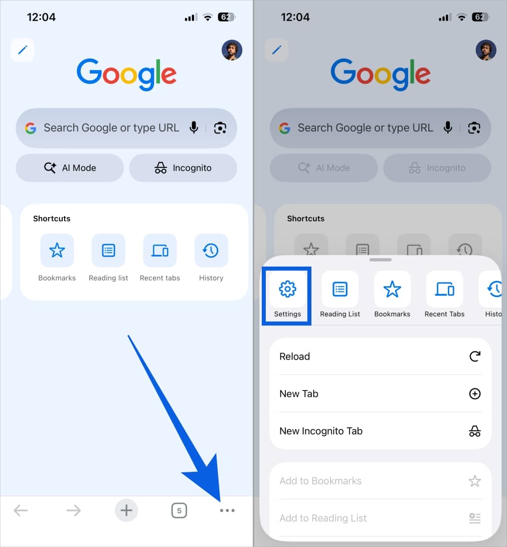 Open Chrome on iPhone and Tap three dot menu, Settings