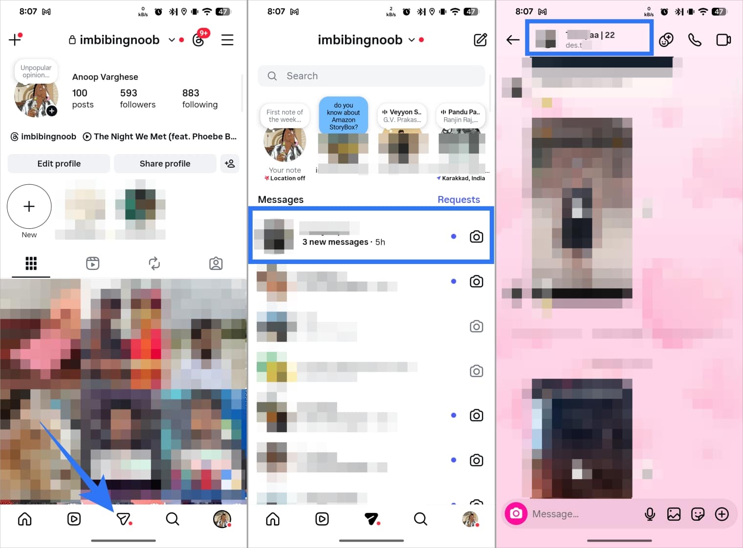 Open Instagram Messages, open the chat, then tap the person’s name or profile icon at top
