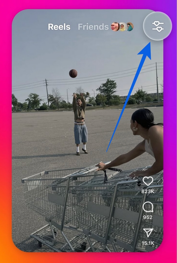 Open Instagram, go to the Reels tab, then tap two-lines-with-hearts icon