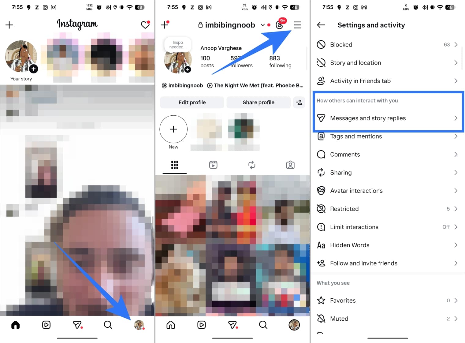 Open Instagram profile, tap menu, then select Messages and story replies