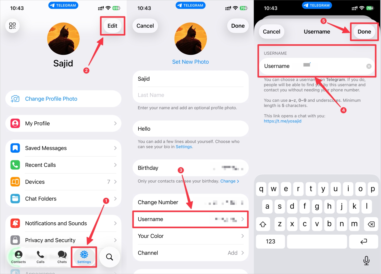 Open Telegram, go to Settings, My Profile, Edit, tap Add Username, enter an available username, then tap Done or Save