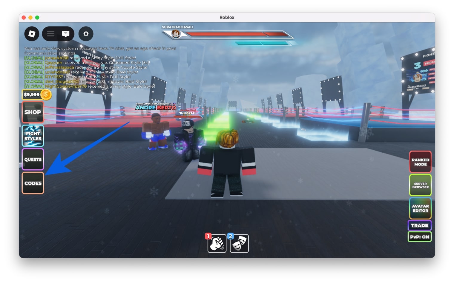 Open Untitled Boxing Game on Roblox, wait in the lobby, then click the Codes button