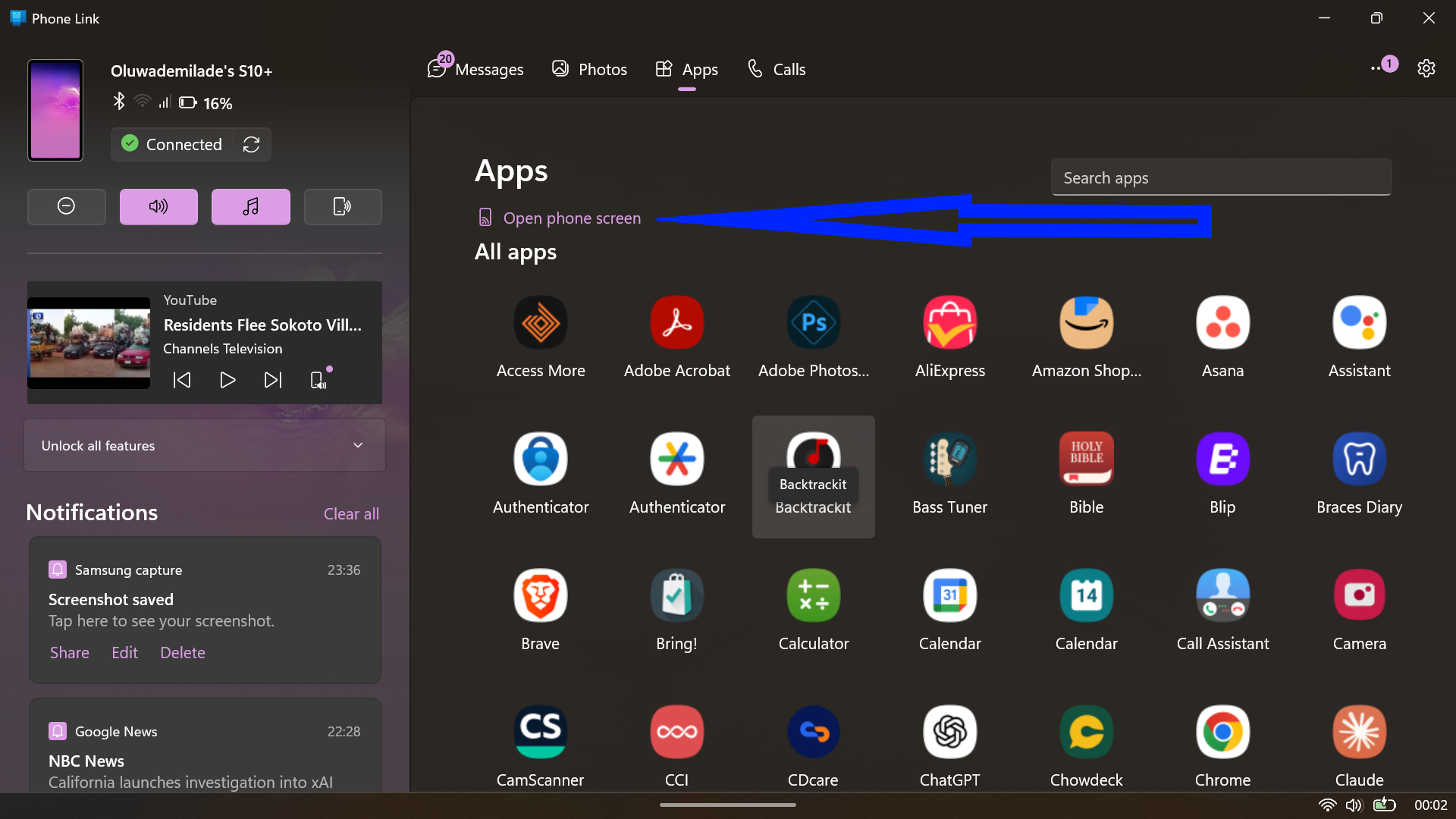 Phone Link interface displaying a grid of installed Android apps.