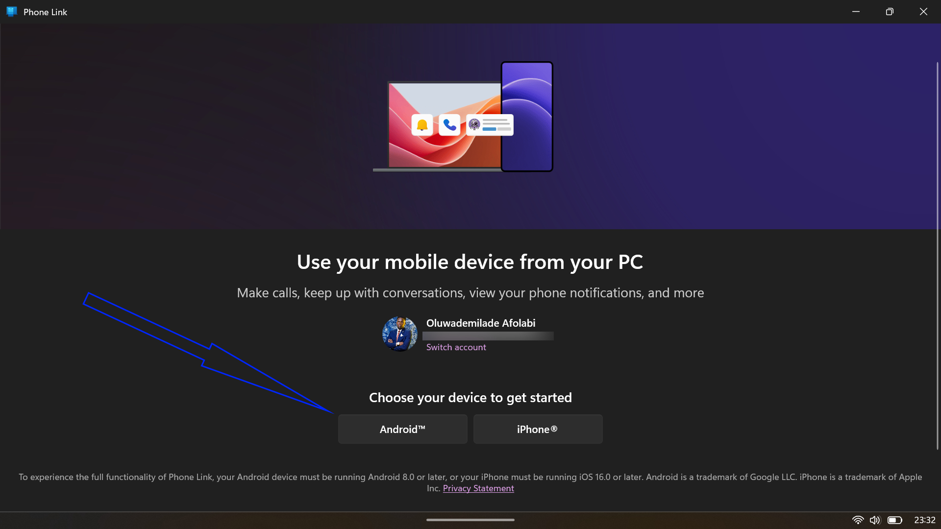 Link to Windows mobile app welcome screen with a Sign in button to connect the phone to a PC.