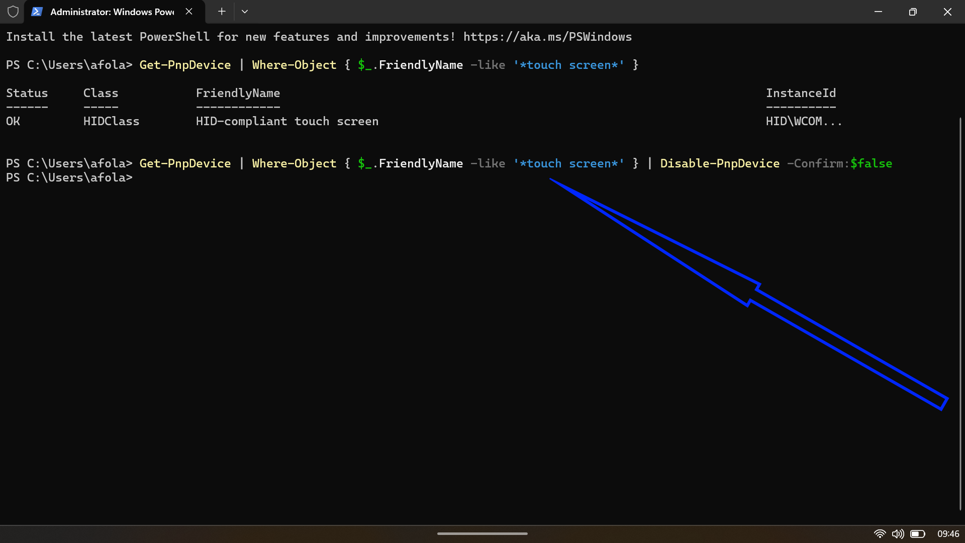PowerShell window executing the one-line command to instantly disable the touch screen device without confirmation prompts.
