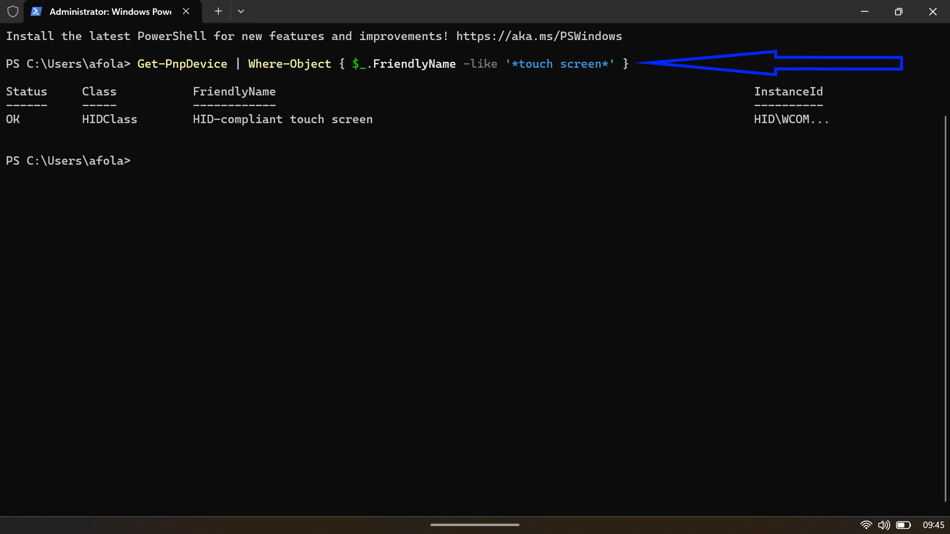 PowerShell window showing the command Get-PnpDevice identifying the HID-compliant touch screen hardware ID.