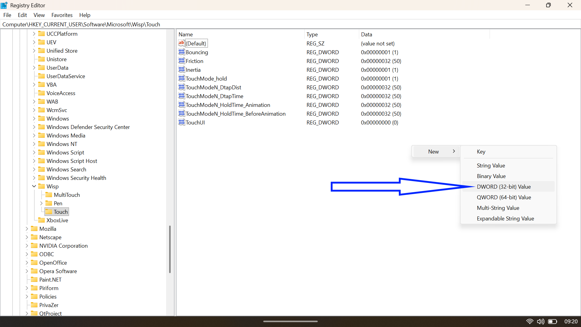 Registry Editor context menu creating a new DWORD (32-bit) Value.