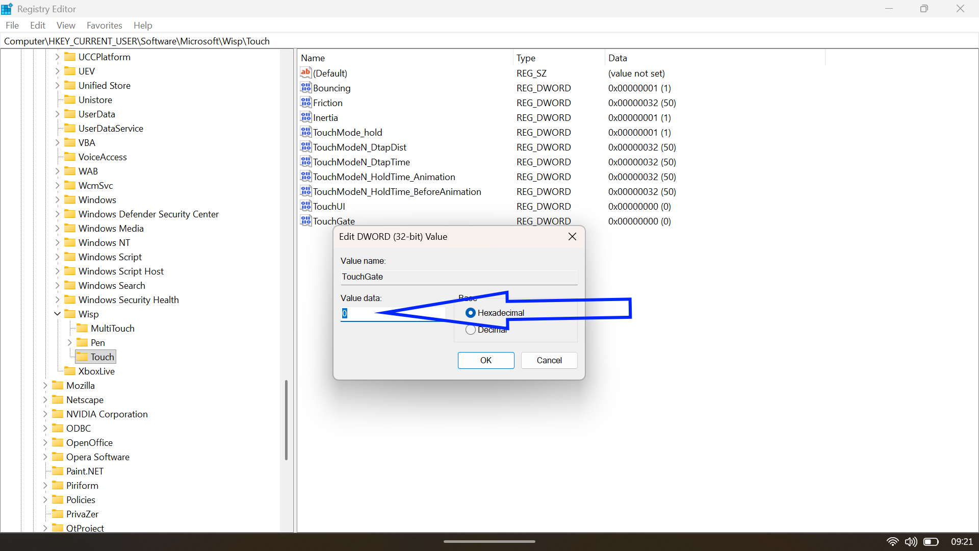 Registry Editor dialog box setting the TouchGate DWORD value to 0 to disable touch input.