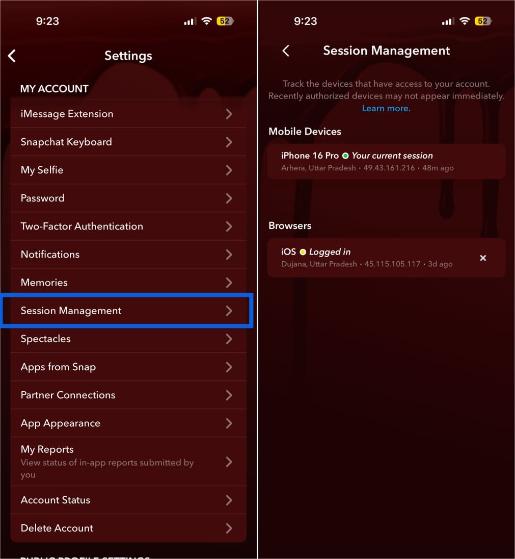 Review Active Sessions and Devices in Snapchat