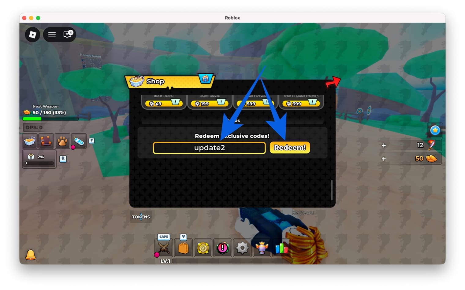 Scroll to the Codes section in the Shop, enter a valid code, and click Redeem to claim rewards.