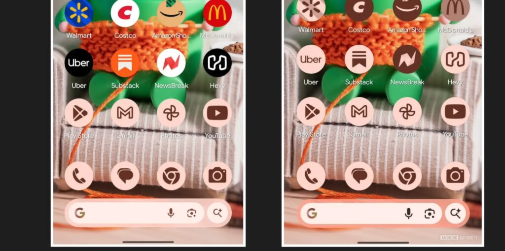 Side-by-side showing the forced themed icons on Android