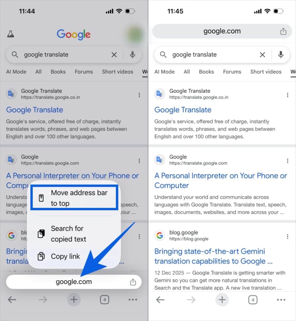Tap and hold the Chrome address bar on iPhone to move it to the bottom.