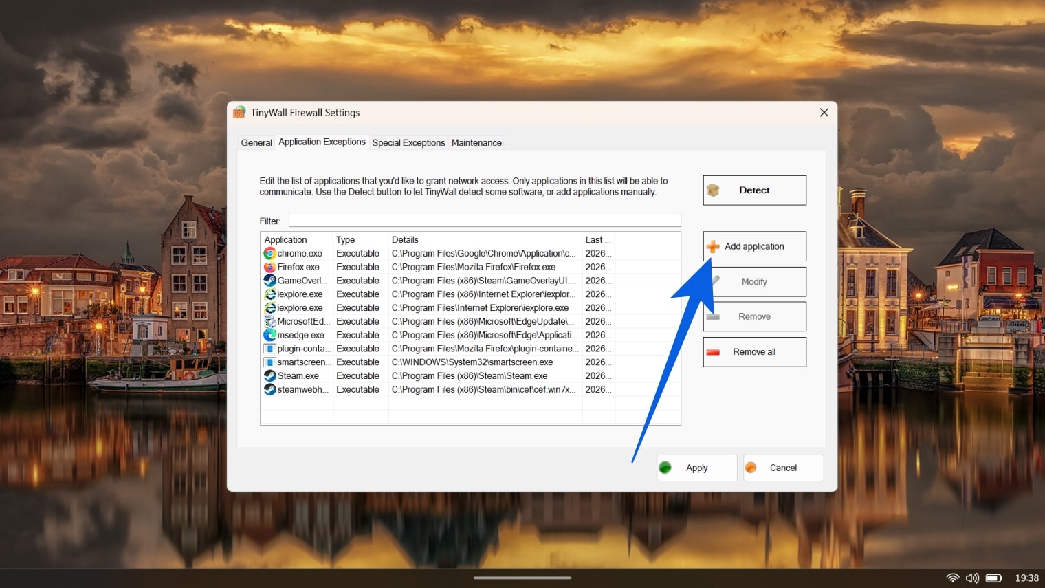 TinyWall Application Exceptions list showing a table of detected executables
