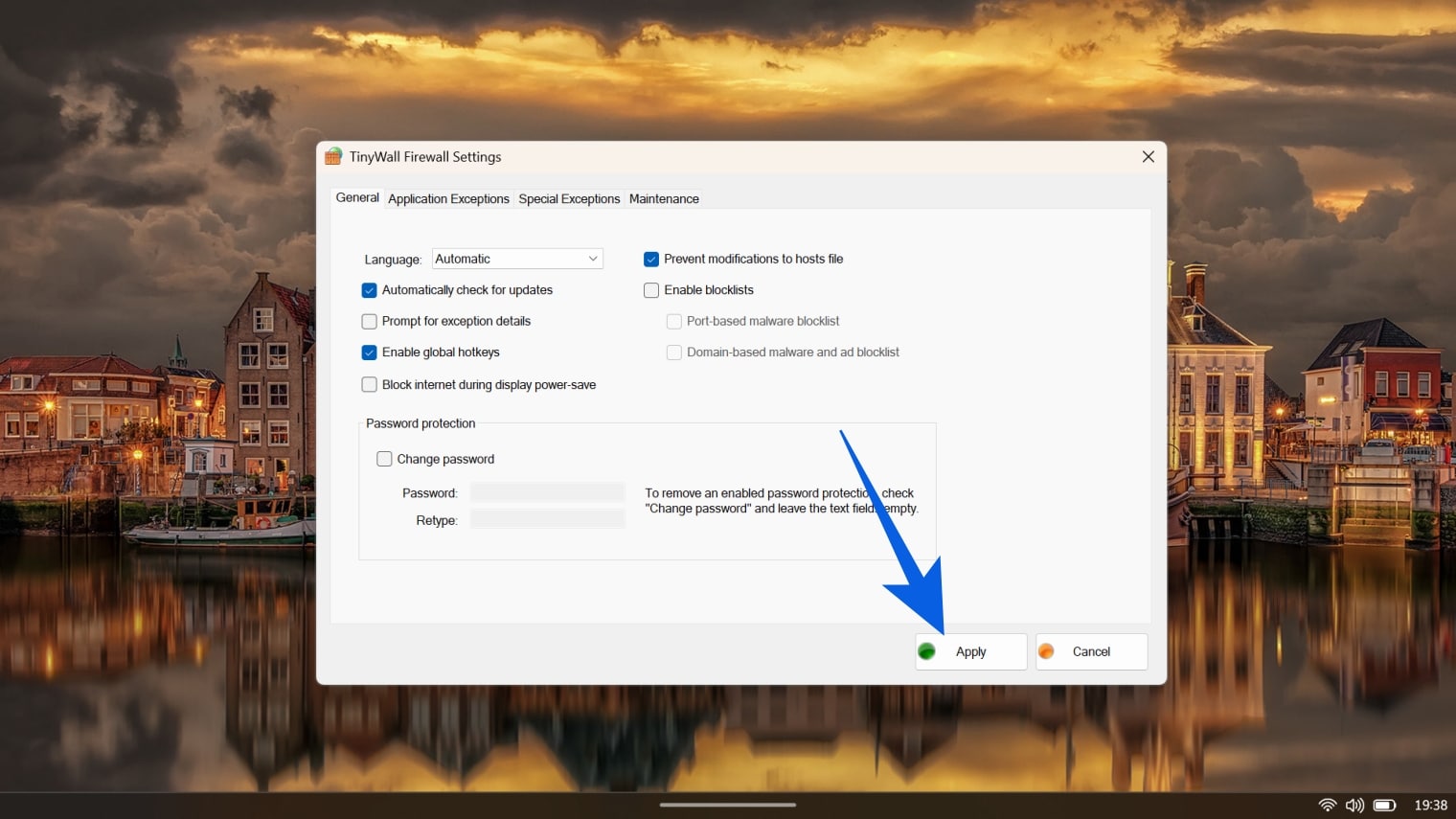 TinyWall General settings tab for managing automatic updates, hotkeys, and password protection