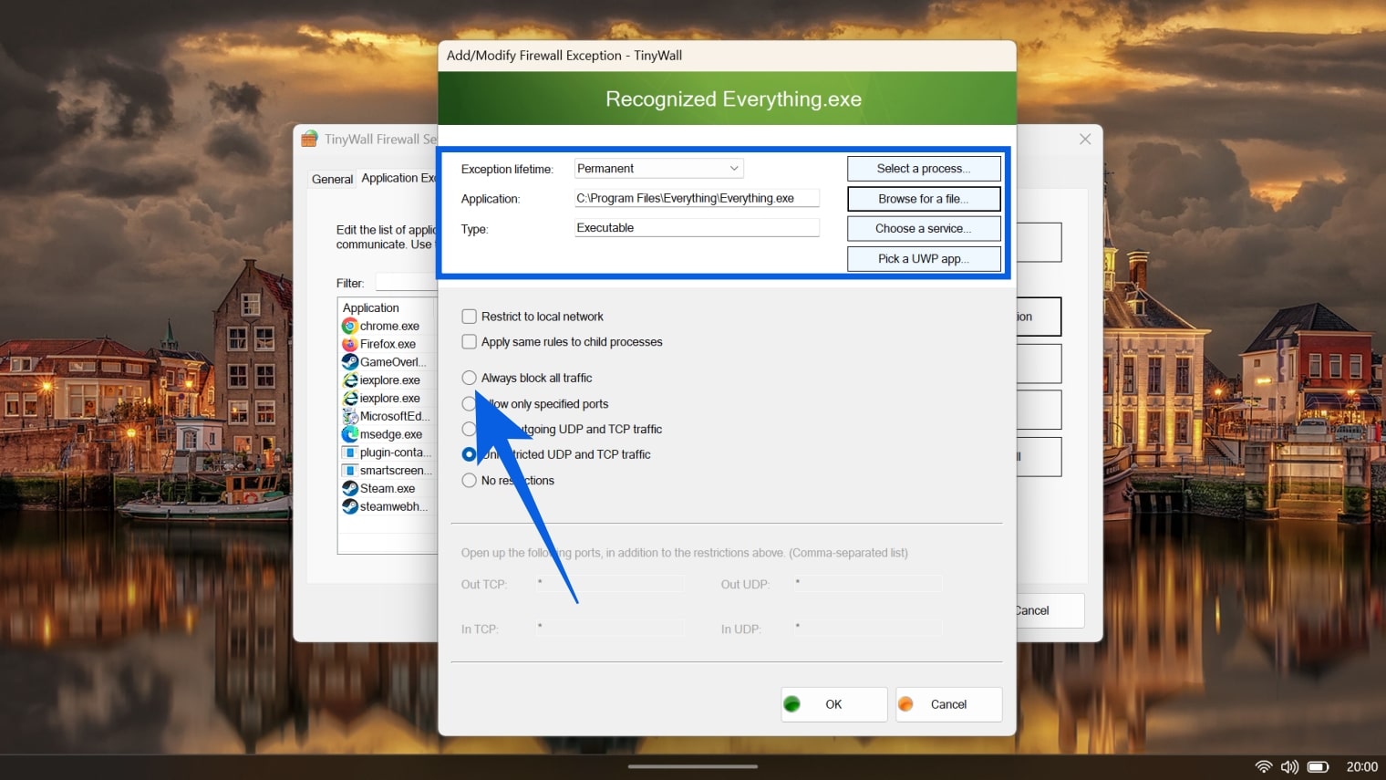 TinyWall exception configuration window setting Unrestricted UDP and TCP traffic for a selected process