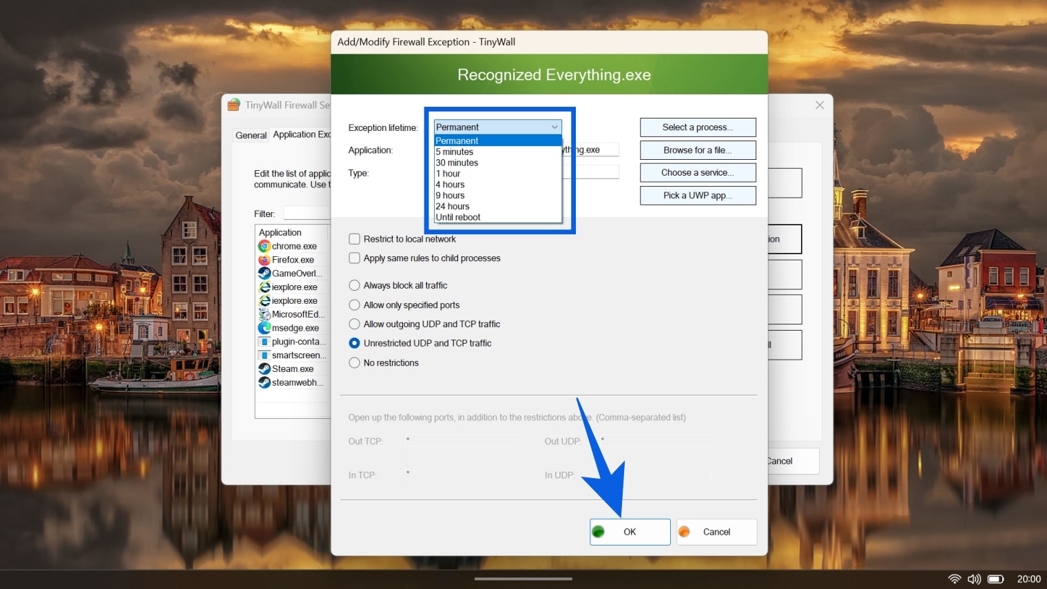 TinyWall firewall exception dialog for configuring specific network rules and timeouts for Everything.exe