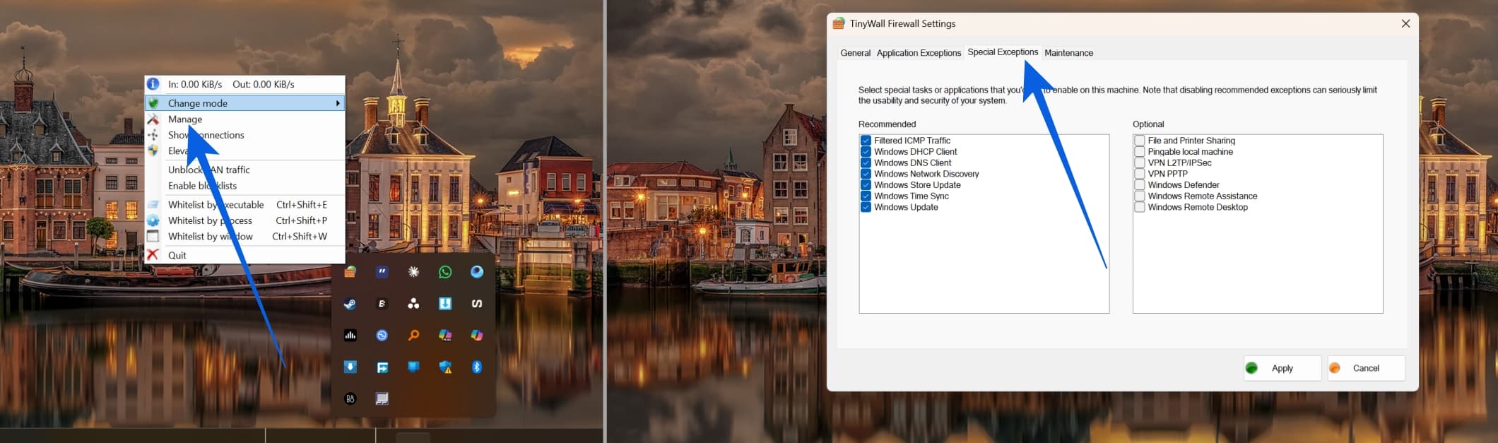 TinyWall system tray menu displaying options to change modes, manage connections, and unblock LAN traffic-tile
