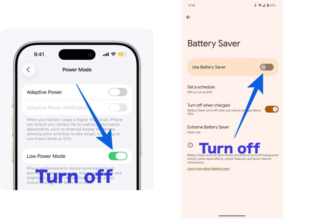 Turn off Low Power Mode on iPhone, or on Android disable Battery Saver