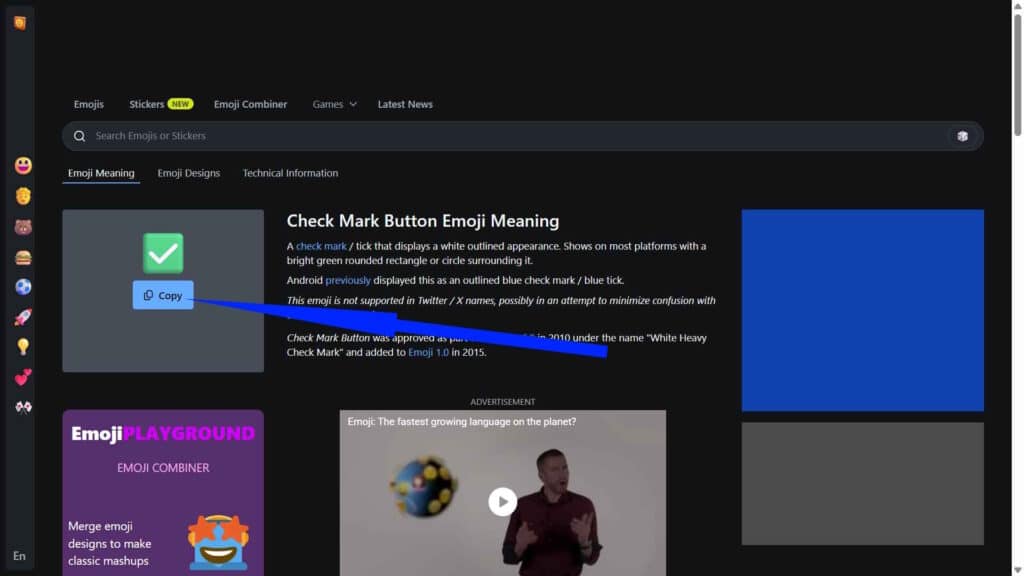 Web browser displaying the technical meaning and variations of the Check Mark Button emoji.