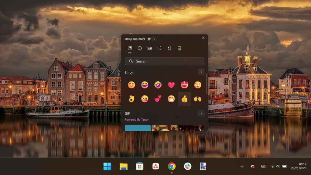 Windows 11 Emoji Panel (Win + .) showing the main emoji library, search bar, and GIF tabs.