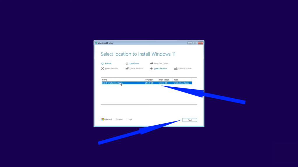 Windows 11 Setup drive selection screen showing unallocated space on Disk 0 for installation.