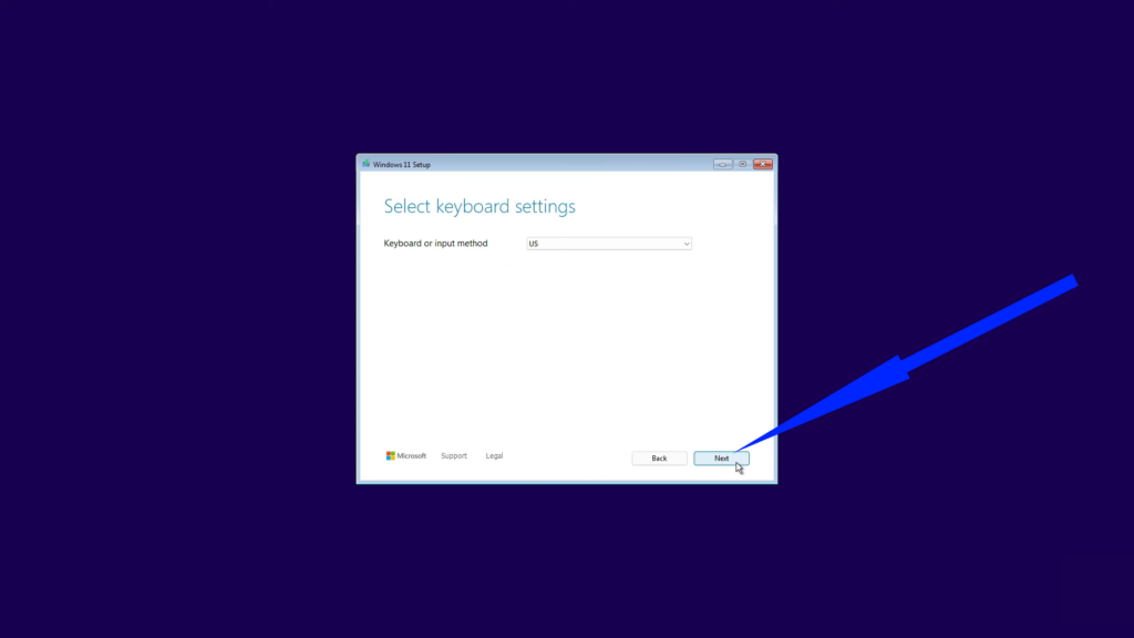 Windows 11 Setup wizard asking the user to confirm the keyboard or input method.
