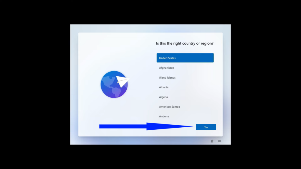 Windows 11 initial setup screen asking the user to confirm United States as the region.