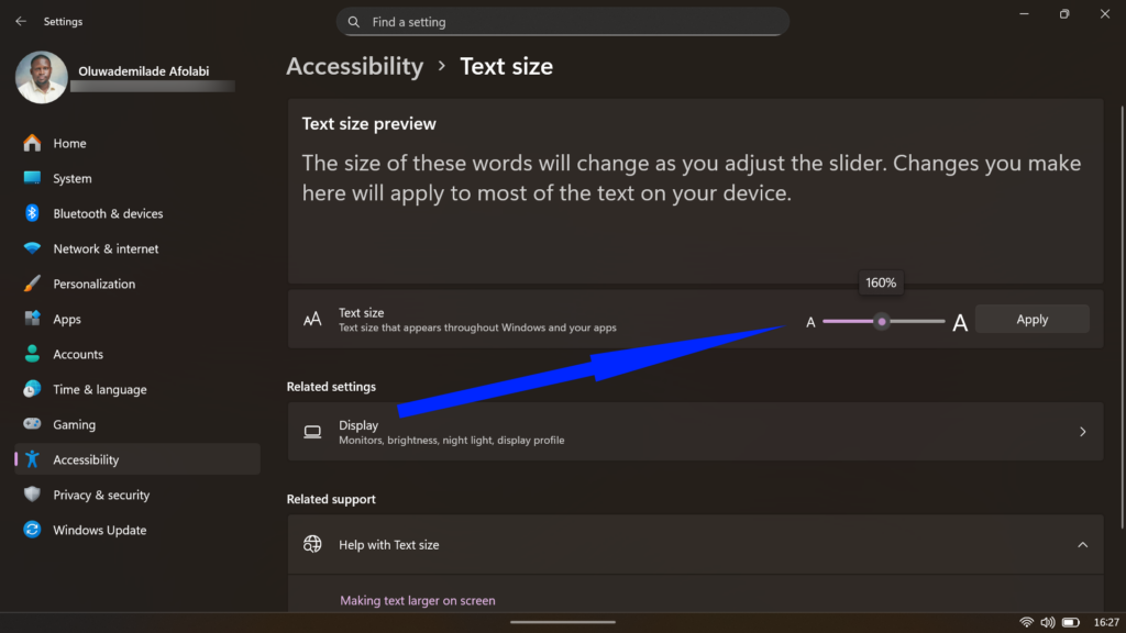 Windows Accessibility Text size settings screen featuring a slider to increase system-wide font size.