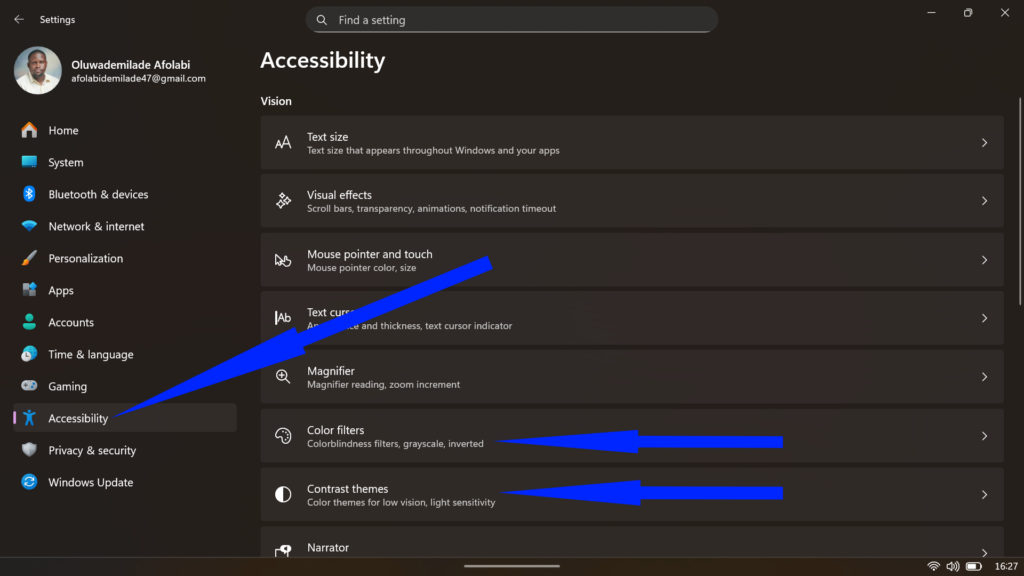 Windows Accessibility dashboard showing Color filters, and Contrast themes settings.