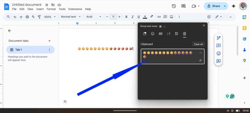 Windows Clipboard History panel (Win + V) opened within a document editor.