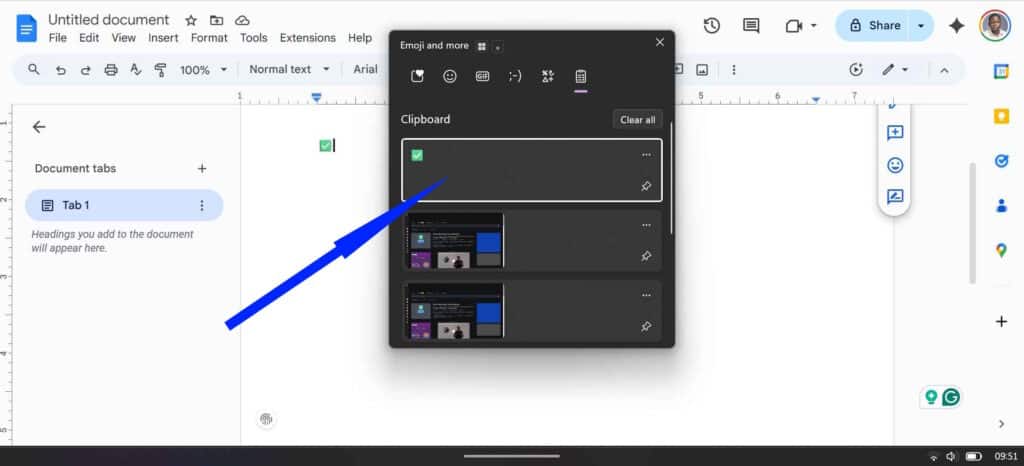 Windows Clipboard History populated with a recently copied check mark emoji and screenshots.