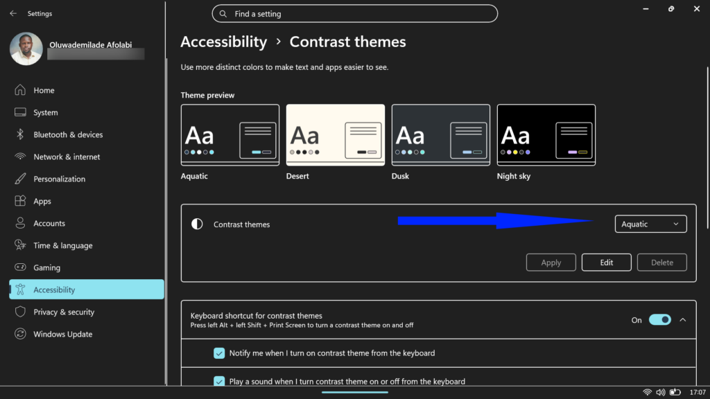 Windows Contrast themes screen showing the "Aquatic" high-contrast theme currently applied.